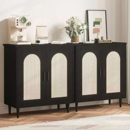 Bahut de cuisine avec rotin, pieds en bois massif pour salon, couloir, entrée, buffet avec grand espace de rangement