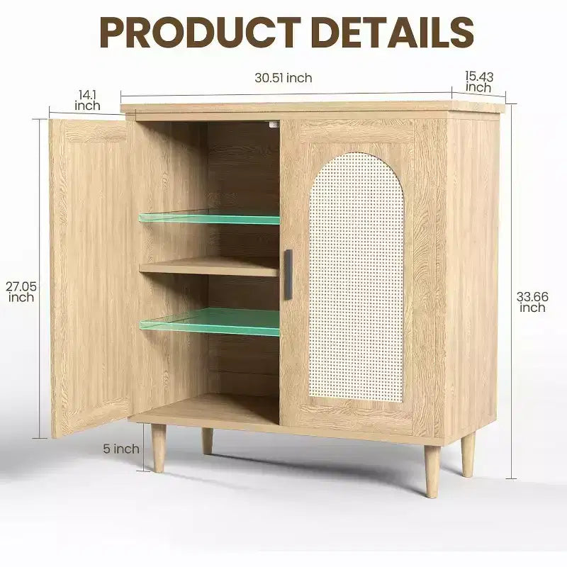 Bahut de cuisine avec rotin, pieds en bois massif pour salon, couloir, entrée, buffet avec grand espace de rangement