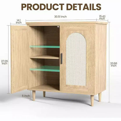 Bahut de cuisine avec rotin, pieds en bois massif pour salon, couloir, entrée, buffet avec grand espace de rangement