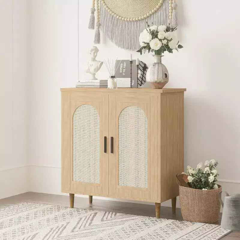 Bahut de cuisine avec rotin, pieds en bois massif pour salon, couloir, entrée, buffet avec grand espace de rangement