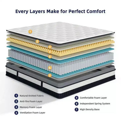 Matelas Queen Size en promotion, matelas hybride Queen Size avec soutien confortable, matelas de lit avec ressorts ensachés individuels pour une isolation des mouvements