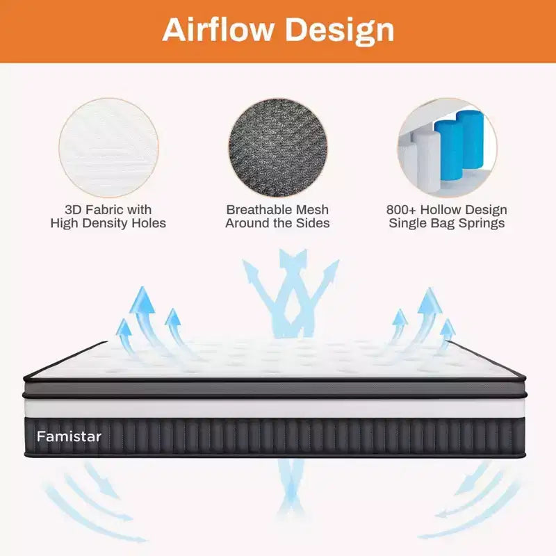 Matelas Queen Size en promotion, matelas hybride Queen Size avec soutien confortable, matelas de lit avec ressorts ensachés individuels pour une isolation des mouvements