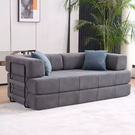 4-in-1 Convertible Sofa Bed, Corduroy Floor Couch Sleeper with 2 Pillows & Metal Arms, High-Density Foam Guest Bed, Gray