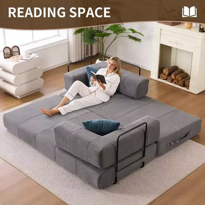 Canapé convertible 4 en 1, matelas de sol en velours côtelé avec 2 oreillers et accoudoirs métalliques, lit d'appoint en mousse haute densité, gris