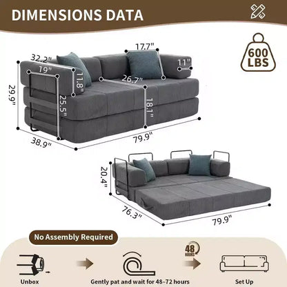 Canapé convertible 4 en 1, matelas de sol en velours côtelé avec 2 oreillers et accoudoirs métalliques, lit d'appoint en mousse haute densité, gris