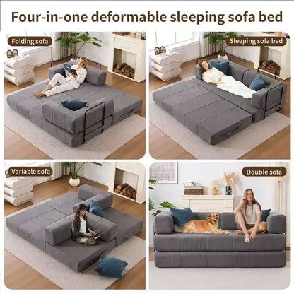 Canapé convertible 4 en 1, matelas de sol en velours côtelé avec 2 oreillers et accoudoirs métalliques, lit d'appoint en mousse haute densité, gris