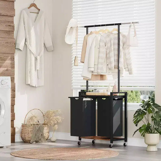 Laundry Sorter 2/3/4 Section,Rolling Laundry Sorter Hamper with Hanging Rack & Shelf, Laundry Basket Organizer with Lockable Wheels,for Home