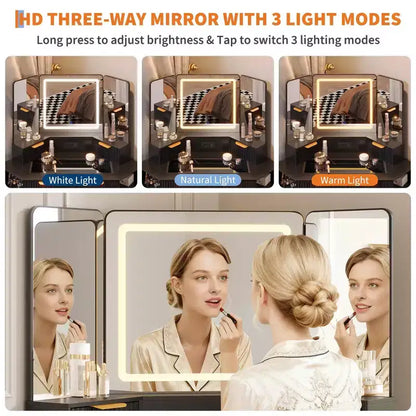 Coiffeuse cannelée de 48 pouces, grande coiffeuse d'angle éclairée avec triple miroir HD et lumières, table de maquillage