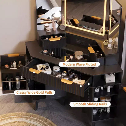 Coiffeuse cannelée de 48 pouces, grande coiffeuse d'angle éclairée avec triple miroir HD et lumières, table de maquillage