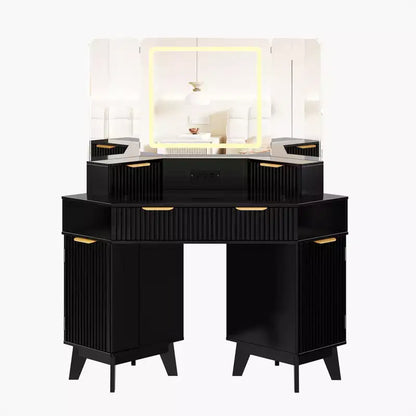 Coiffeuse cannelée de 48 pouces, grande coiffeuse d'angle éclairée avec triple miroir HD et lumières, table de maquillage