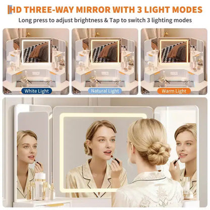 Coiffeuse cannelée de 48 pouces, grande coiffeuse d'angle éclairée avec triple miroir HD et lumières, table de maquillage