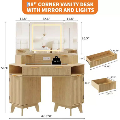 Coiffeuse cannelée de 48 pouces, grande coiffeuse d'angle éclairée avec triple miroir HD et lumières, table de maquillage