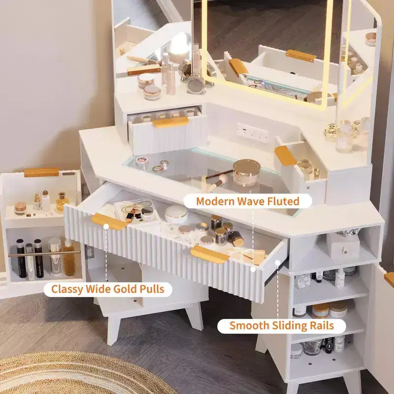 Coiffeuse cannelée de 48 pouces, grande coiffeuse d'angle éclairée avec triple miroir HD et lumières, table de maquillage