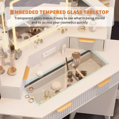 Coiffeuse cannelée de 48 pouces, grande coiffeuse d'angle éclairée avec triple miroir HD et lumières, table de maquillage