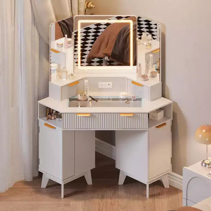 Coiffeuse cannelée de 48 pouces, grande coiffeuse d'angle éclairée avec triple miroir HD et lumières, table de maquillage