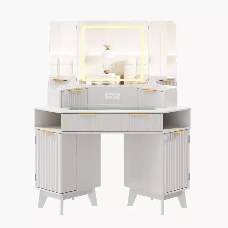 Coiffeuse cannelée de 48 pouces, grande coiffeuse d'angle éclairée avec triple miroir HD et lumières, table de maquillage