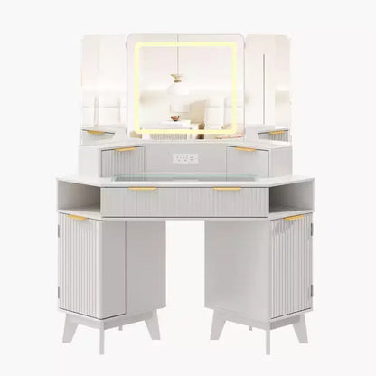Coiffeuse cannelée de 48 pouces, grande coiffeuse d'angle éclairée avec triple miroir HD et lumières, table de maquillage