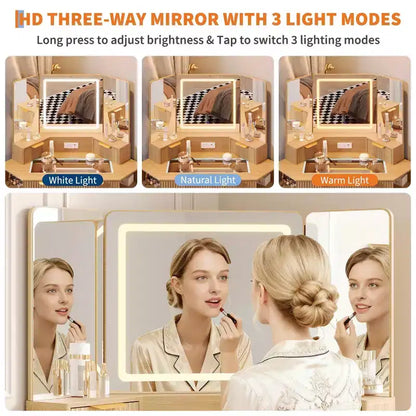 Coiffeuse cannelée de 48 pouces, grande coiffeuse d'angle éclairée avec triple miroir HD et lumières, table de maquillage