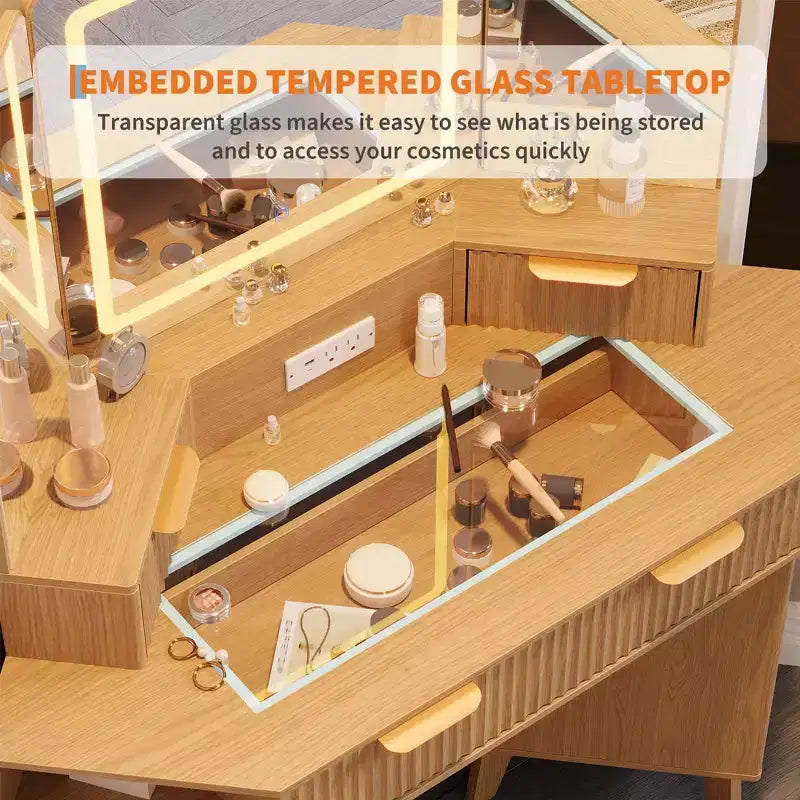 Coiffeuse cannelée de 48 pouces, grande coiffeuse d'angle éclairée avec triple miroir HD et lumières, table de maquillage