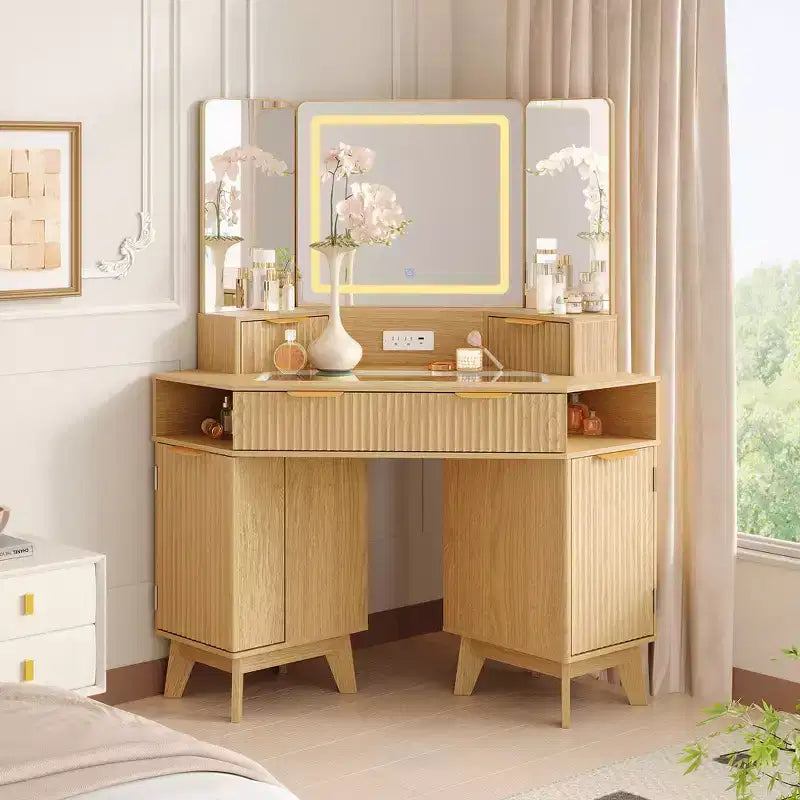 48 in Fluted Makeup Vanity Desk, Large Lighted Corner Vanity with HD Triple Mirror and Lights, Dressing Table