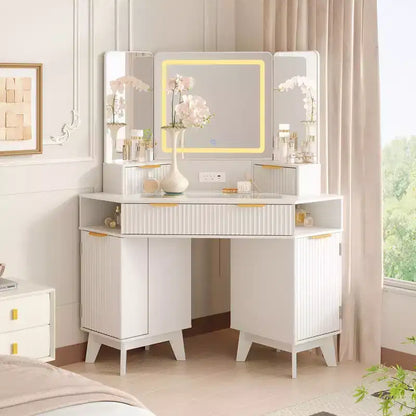 Coiffeuse cannelée de 48 pouces, grande coiffeuse d'angle éclairée avec triple miroir HD et lumières, table de maquillage