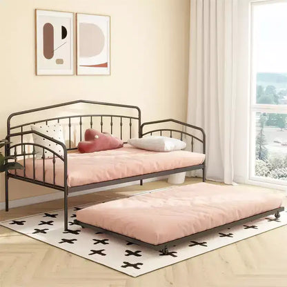 Twin Day Bed with Trundle Bed Twin, Sturdy Metal Frame, Daybed with Trundle Bed Frame, Mattress Foundation with Metal Slats Support