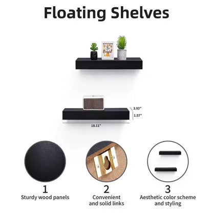 Étagère flottante noire 18.11 C avec support invisible pour montage mural en bois, parfaite pour la décoration de salle de bain/chambre/cuisine ou pour exposer des livres/plantes, facile à installer.