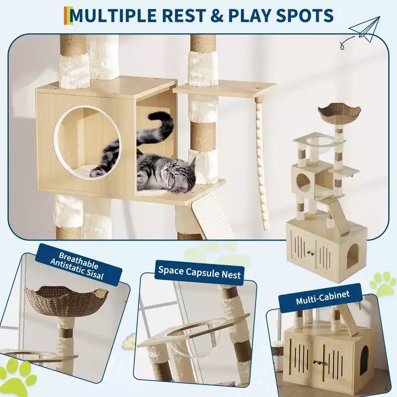 Arbre à chat 2-en-1 avec enclos pour litière, condo pour chat de 170 cm de haut, hamac, coussins lavables, perchoir multi-niveaux et poteaux à griffer pour chats