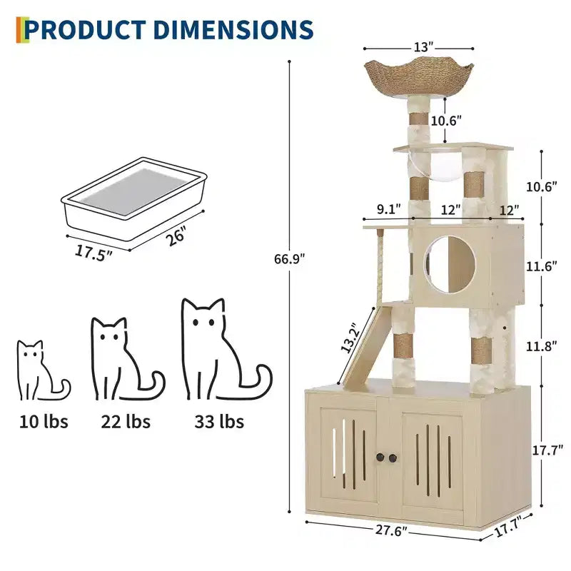 Arbre à chat 2-en-1 avec enclos pour litière, condo pour chat de 170 cm de haut, hamac, coussins lavables, perchoir multi-niveaux et poteaux à griffer pour chats