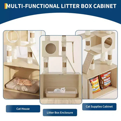 Arbre à chat 2-en-1 avec enclos pour litière, condo pour chat de 170 cm de haut, hamac, coussins lavables, perchoir multi-niveaux et poteaux à griffer pour chats