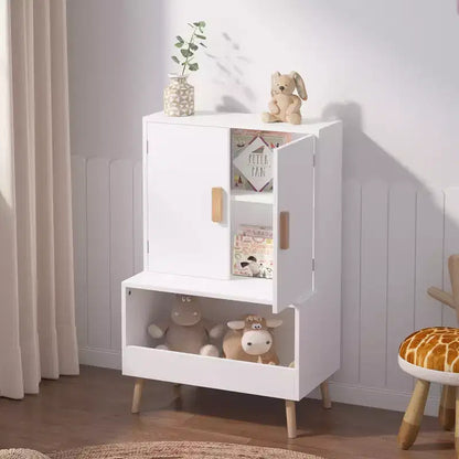 Meuble de rangement pour jouets d'enfants avec portes et étagère ouverte, Organisateur moderne en bois blanc avec pieds en bois naturel, Bibliothèque pour tout-petits pour salle de jeux