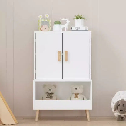 Meuble de rangement pour jouets d'enfants avec portes et étagère ouverte, Organisateur moderne en bois blanc avec pieds en bois naturel, Bibliothèque pour tout-petits pour salle de jeux