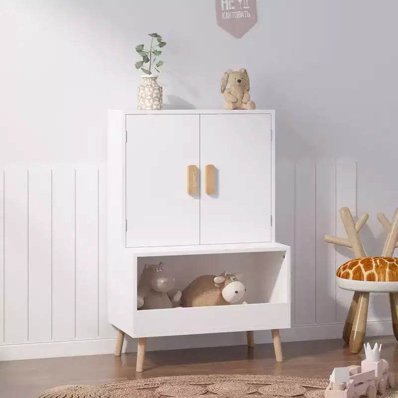 Meuble de rangement pour jouets d'enfants avec portes et étagère ouverte, Organisateur moderne en bois blanc avec pieds en bois naturel, Bibliothèque pour tout-petits pour salle de jeux