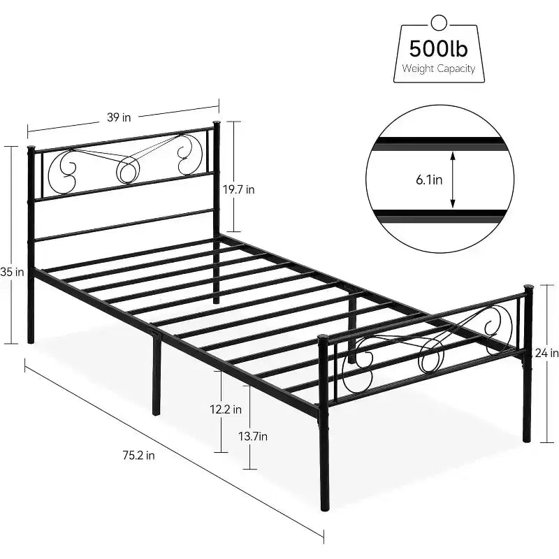 Cadres de lit jumeaux pour enfants, cadre de lit plateforme en métal avec tête et pied de lit, support de lattes de lit robuste, pas besoin de sommier tapissier, sans bruit, noir