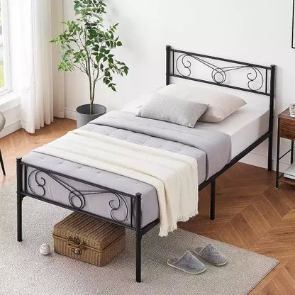 Cadres de lit jumeaux pour enfants, cadre de lit plateforme en métal avec tête et pied de lit, support de lattes de lit robuste, pas besoin de sommier tapissier, sans bruit, noir
