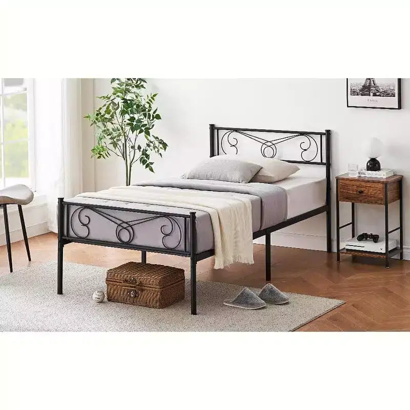 Cadres de lit jumeaux pour enfants, cadre de lit plateforme en métal avec tête et pied de lit, support de lattes de lit robuste, pas besoin de sommier tapissier, sans bruit, noir