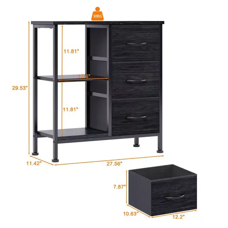 Meuble de classement à 3 tiroirs avec étagère ouverte, support d'imprimante en bois avec rangement, classeur en tissu adapté aux documents A4/Lettre pour le bureau à domicile