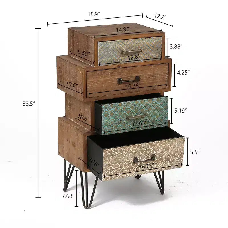 Commode d'appoint en bois à 4 tiroirs, style apothicaire du milieu du siècle, marron, 84H x 48L cm