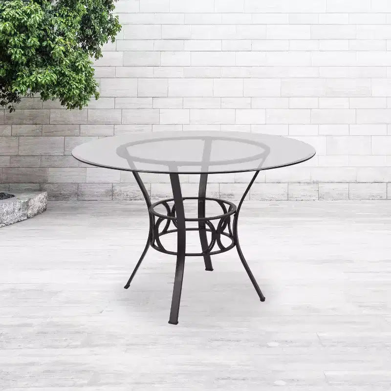 Table à manger ronde en verre de 45 pouces, pied central en métal noir, pour jusqu'à 5 personnes