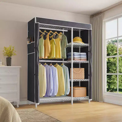 Armoire de rangement portable avec housse anti-poussière, double tringle et 5 étagères, acier au carbone robuste, blanc