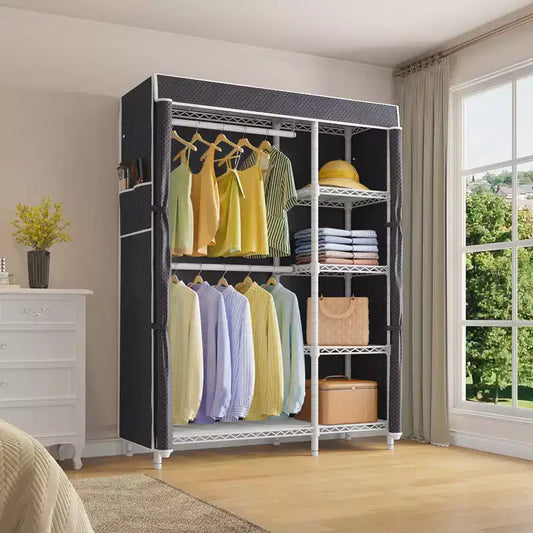 Armoire de rangement portable avec housse anti-poussière, double tringle et 5 étagères, acier au carbone robuste, blanc