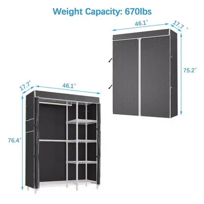 Armoire de rangement portable avec housse anti-poussière, double tringle et 5 étagères, acier au carbone robuste, blanc