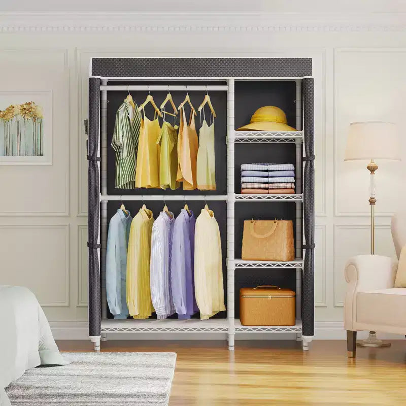 Armoire de rangement portable avec housse anti-poussière, double tringle et 5 étagères, acier au carbone robuste, blanc