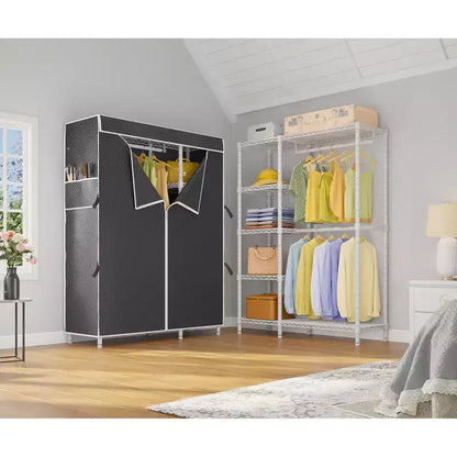 Armoire de rangement portable avec housse anti-poussière, double tringle et 5 étagères, acier au carbone robuste, blanc